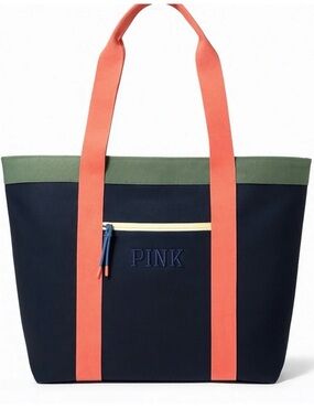 PINK Victoria's Secret Navy Canvas Tote with Coral Straps and Olive Trim